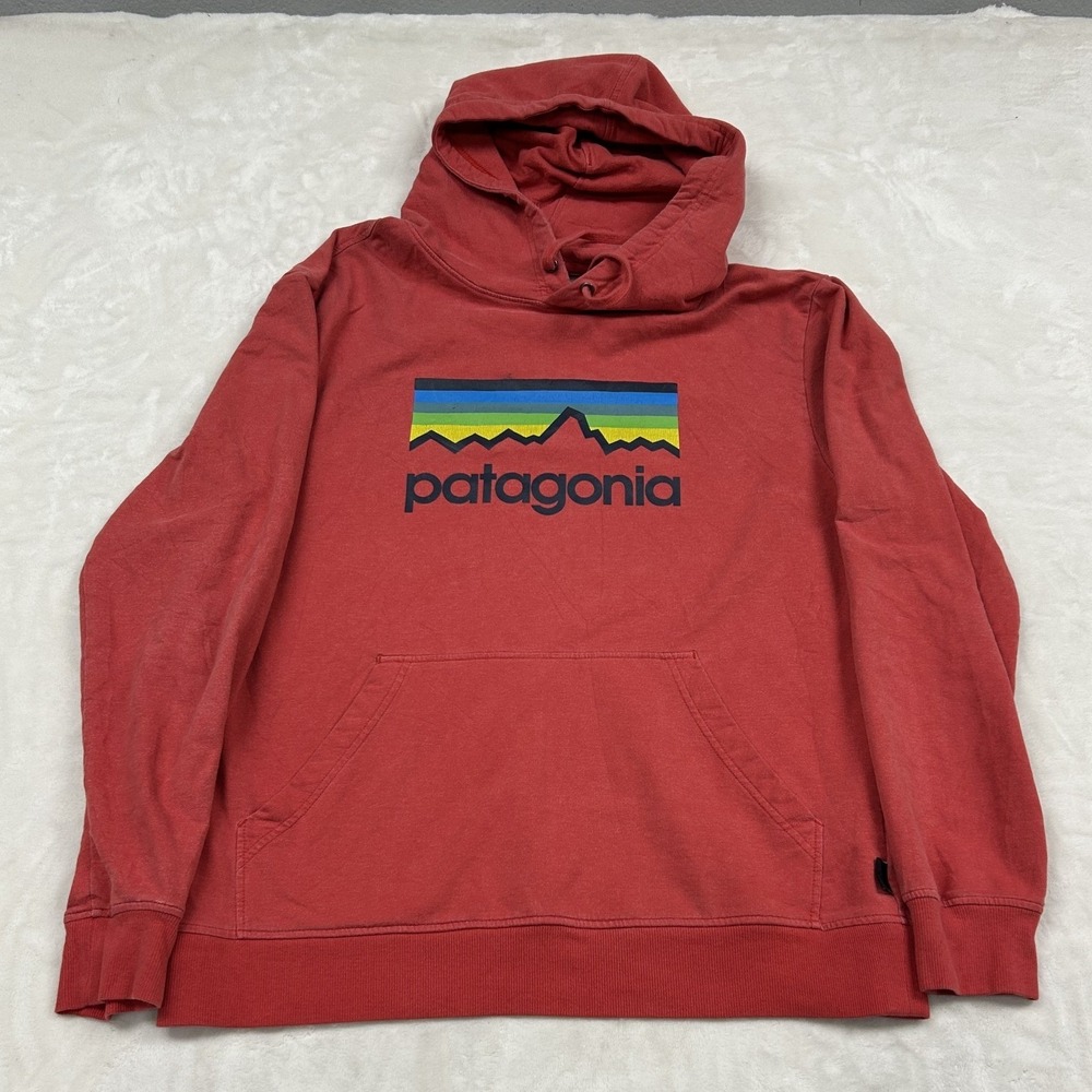 Patagonia Pullover Hoodie Mens Medium Red Fitz Roy Horizons Logo Organic Cotton